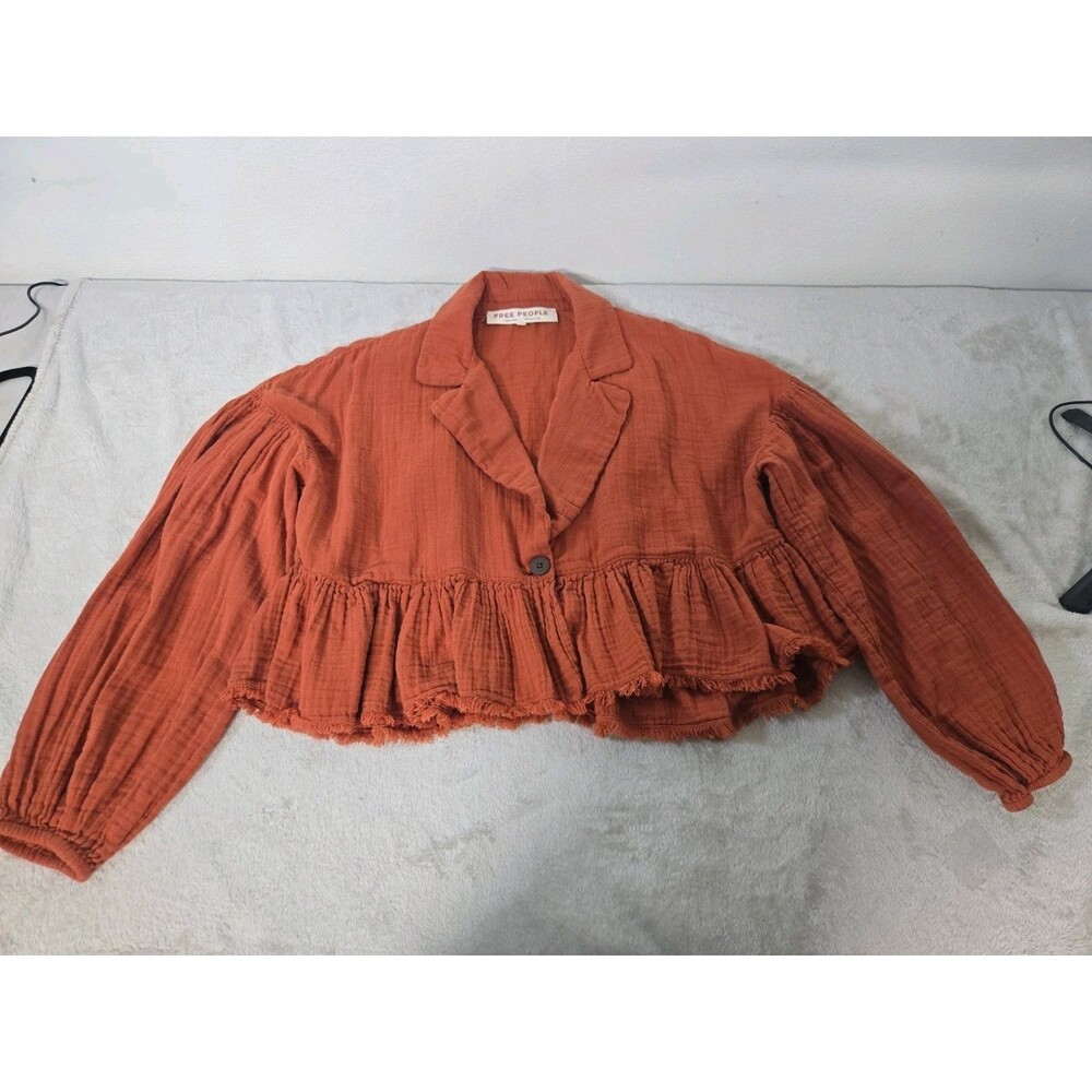 Free People Lyra Tiered Bed Jacket Rust Orange Crinkle Gauze Cropped Size S